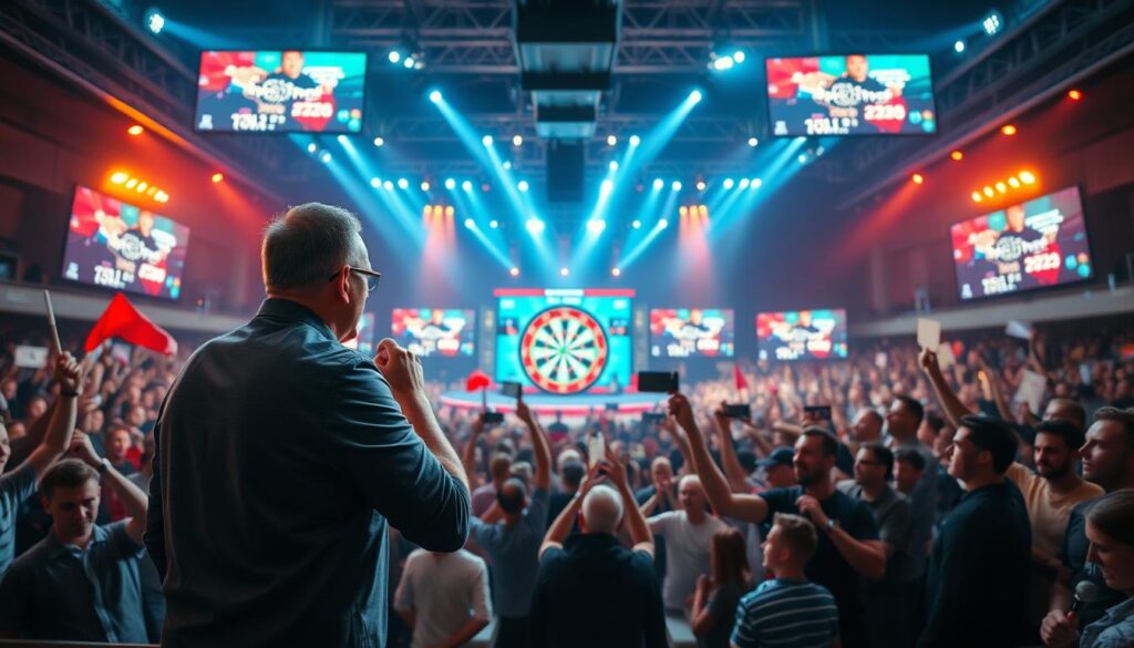 A dynamic darts competition scene from the "Perfect Tour 2026," highlighting a packed, vibrant venue filled with enthusiastic fans. In the foreground, a professional dart player in smart casual attire, intensely focused on a dartboard, stands ready to throw. The middle ground features cheering spectators, waving flags, and holding signs, capturing the excitement of the moment. The background showcases a well-lit stage with large screens displaying live scores and player statistics, creating a festival atmosphere. Soft spotlights illuminate the player, enhancing the dramatic effect, while warm ambient lighting bathes the crowd. The mood is energetic and celebratory, embodying the spirit of a significant milestone in the darts industry. The image is vivid, immersive, and celebratory without any text or captions.