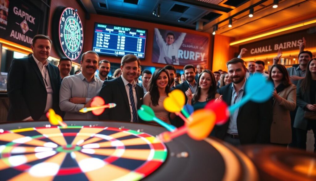 A dynamic scene depicting "darting innovation" that captures the essence of darts and its resurgence. In the foreground, a sleek, modern dartboard glows under vibrant LED lights, surrounded by colorful darts mid-flight, highlighting speed and precision. In the middle ground, a diverse group of enthusiasts, dressed in professional business attire, gather around a digital scoreboard displaying scores, their expressions ranging from excitement to concentration. The background features a lively, contemporary dart venue with cheering fans and banners showcasing the sport's growth. The atmosphere is electric, featuring warm, ambient lighting that evokes a sense of community and anticipation. A wide-angle lens perspective enhances the dynamic energy, creating a captivating visual narrative.