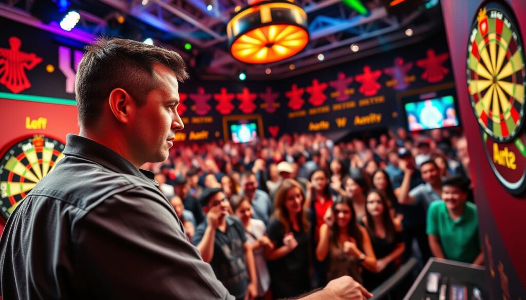 A vibrant and dynamic darting arena filled with enthusiastic spectators, showcasing the cultural significance of darts in modern society. In the foreground, a professional dart player, dressed in a smart casual shirt, focuses intently on the dartboard, capturing the tension and excitement of the competition. The middle ground features a cheering crowd, with diverse individuals passionately engaging, their expressions reflecting joy and anticipation. The background reveals a well-lit stage, with colorful dartboards and thematic decorations highlighting the global appeal of the sport. Use dramatic lighting to create a lively atmosphere, mimicking the intensity of a match, with a slight lens blur on the audience to emphasize the central player. The angle is slightly elevated, providing a panoramic view of the event.