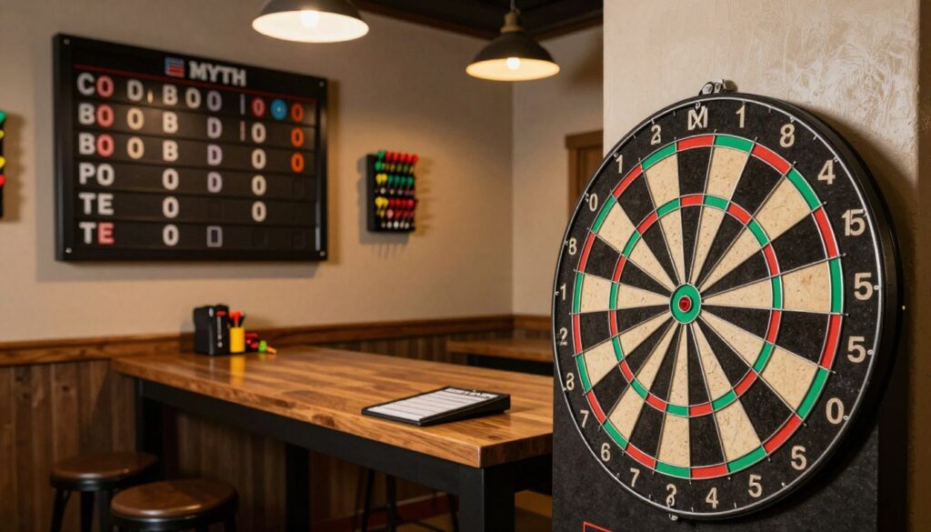 A well-organized dartboard setup in a cozy game room, featuring a classic circular dartboard with vibrant colors and clear scoring sections prominently displayed in the foreground. Surrounding the dartboard, a sturdy wall-mounted scoreboard and an assortment of colorful darts neatly arranged in a holder. In the middle, a wooden bar-style table with a selection of dart-related accessories like a dart bag and scorebook. The background showcases a warm-lit room with a rustic feel, including soft lighting emanating from stylish overhead fixtures, creating an inviting atmosphere. The overall mood is friendly and competitive, ideal for casual gatherings. The brand name "E MYTH" is subtly integrated into the dartboard design. The angle of the shot focuses on the dartboard, emphasizing its importance in a game setting, ensuring no humans are present in the image.