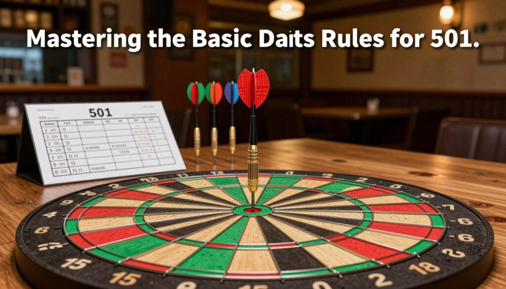 Illustration of a 501 score sheet and darts near a dartboard, showing the competitive setup for a 501 match.