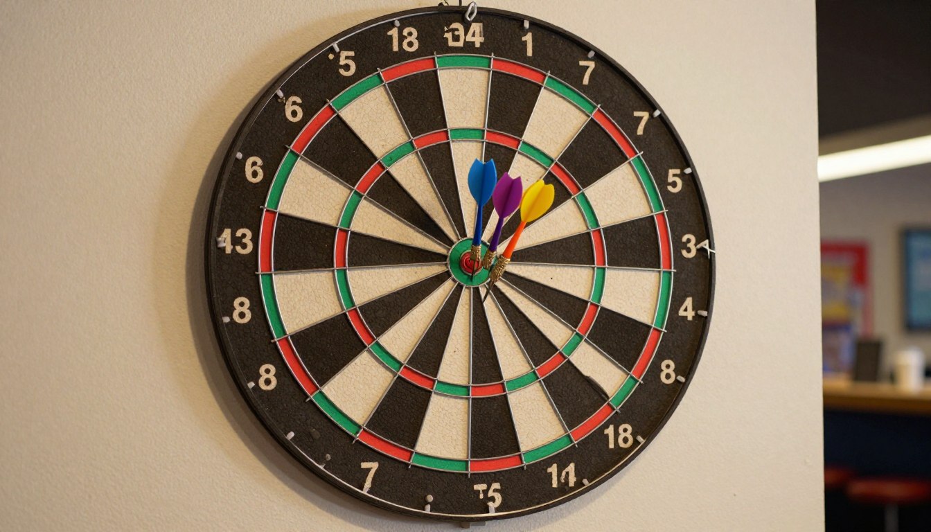 Standard dartboard layout with segments, rings, and bullseye, plus three darts ready for a throw.