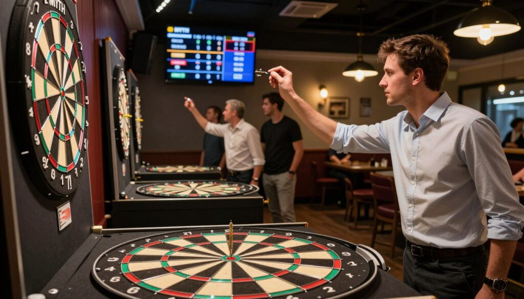 A close-up view of a professional dartboard set up in a well-lit, modern pub environment, with a dart hitting the bullseye. In the foreground, a focused player in smart casual attire stands poised to throw, holding a dart with precision and determination. The middle ground features other players engaged in the game, showcasing various strategic poses, while a scoreboard in the background highlights the points scored. Soft, warm lighting creates an inviting atmosphere, reflecting the excitement and camaraderie of a dart competition. The overall mood is vibrant and strategic, emphasizing key approaches to scoring higher in darts. The brand name "E MYTH" subtly integrates into the dartboard design, enhancing the professional feel of the scene.