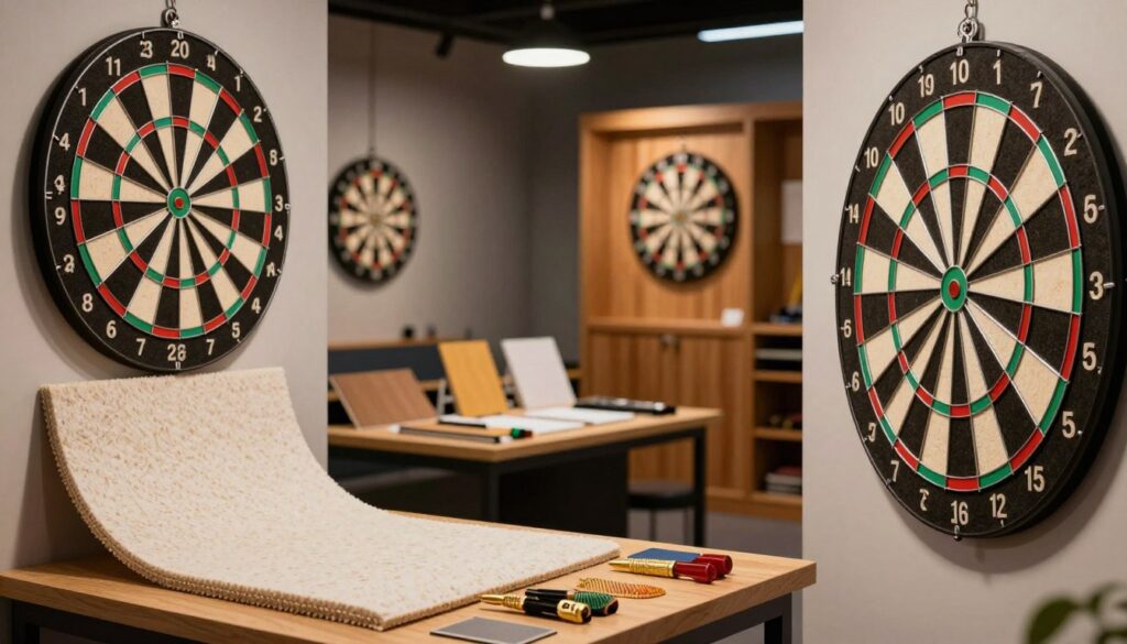 A detailed, informative illustration focused on dartboard backings for a section titled "Understanding Dartboard Backings." In the foreground, showcase a high-quality dartboard mounted on a wall, with a close-up view of a textured backing material, highlighting its protective qualities—such as felt, cork, or plywood. The middle layer should feature a well-lit, organized workspace with tools and samples of various backing materials, surrounded by a dartboard cabinet in a warm wood finish. In the background, create a softly blurred environment with dim wall lighting, suggesting a cozy game room atmosphere. The lens should capture the scene from a slightly elevated angle, adding depth and focus. The vibe is educational and inviting, with an emphasis on practicality and visual appeal. E MYTH branding incorporated subtly in the design elements.