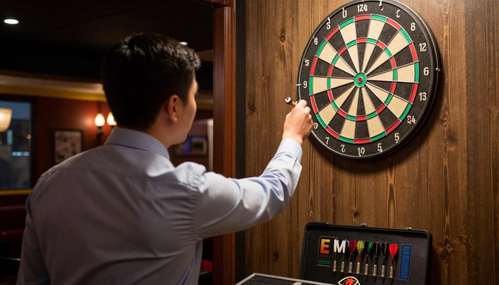 A dynamic scene of a dart player poised at the dartboard, demonstrating expert throwing techniques. The foreground features a focused individual in neat, professional attire, holding a dart with precision. In the middle, a dartboard with vibrant, clear markings shows a dart hitting the bullseye, surrounded by a well-organized set of darts in a stylish case labeled "E MYTH". The background captures a lively pub atmosphere with warm, ambient lighting and wooden décor, evoking a competitive yet welcoming vibe. The camera angle slightly above eye level emphasizes the dart player's intense concentration, while soft focus enhances the mood of dedication and skill development.