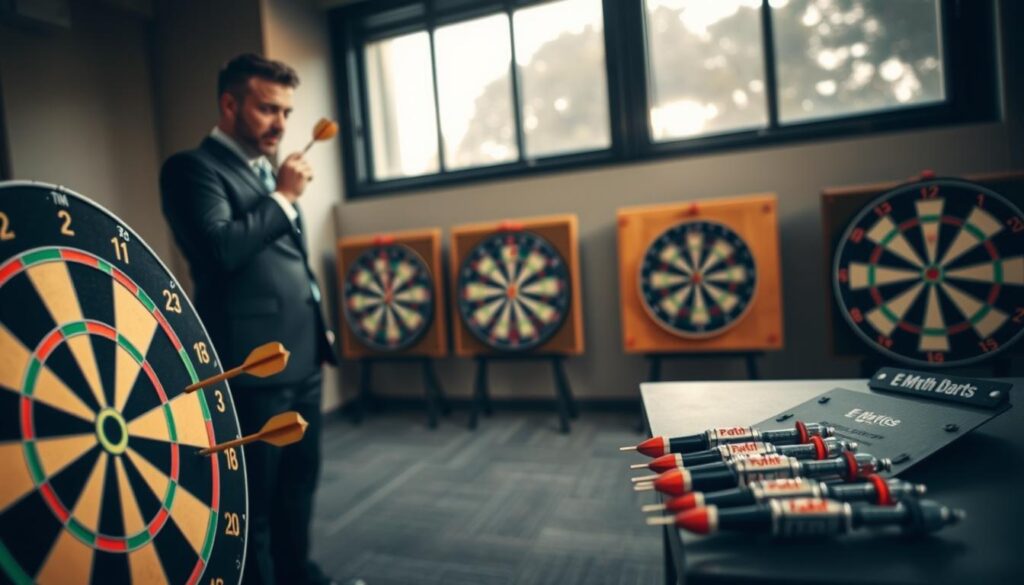 A focused dart practice scene featuring a well-organized indoor practice area. In the foreground, a dartboard is placed prominently, with three darts embedded in the bullseye. To the left, a person dressed in professional business attire stands poised with a dart in hand, concentrating on their aim, while on the right, a neatly arranged table holds a set of various darts labeled "E Myth Darts." The middle ground depicts additional dartboards with different scoring zones visible, showcasing various practice drills in action. Soft, natural lighting streams in from a large window in the background, creating a warm atmosphere. The overall mood conveys determination and focus, emphasizing the importance of practice and accuracy in darts.