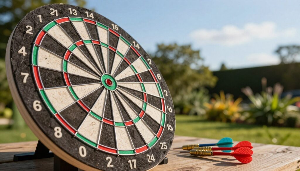 A meticulously maintained, precision dartboard prominently displayed in an outdoor setting, emphasizing its vibrant colors and clearly defined scoring sections. The foreground features the dartboard, angled slightly to showcase its texture and depth, with sharp focus. In the middle, a neatly arranged set of colorful darts lies beside it, hinting at recent use, while the background includes a lush green garden and a clear blue sky, creating a serene atmosphere. Soft, natural sunlight bathes the scene, adding warmth and highlighting the dartboard's features. The composition conveys a sense of professionalism and care, reflecting the meticulous maintenance of outdoor dartboards. E MYTH branding subtly integrated into the scene, enhancing the focus on precision and quality without overt distractions.