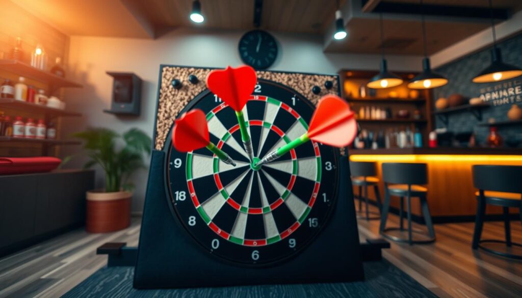 A professional darts scene featuring a high-quality dartboard setup in a well-lit, spacious game room. In the foreground, display an E Myth Darts dartboard surrounded by two contrasting surround materials: a DIY cork surround and a sleek commercial felt surround. The middle ground emphasizes the dartboard's details, showing sharp, vibrant colored darts in mid-flight, with a soft focus on the surrounding materials. In the background, create a cozy atmosphere with warm lighting, showcasing shelves filled with dart accessories and a stylish bar area, hinting at a competitive yet friendly vibe. Capture the scene at an angle that offers depth, highlighting the craftsmanship of both surround solutions while ensuring a professional and inviting mood throughout the image.