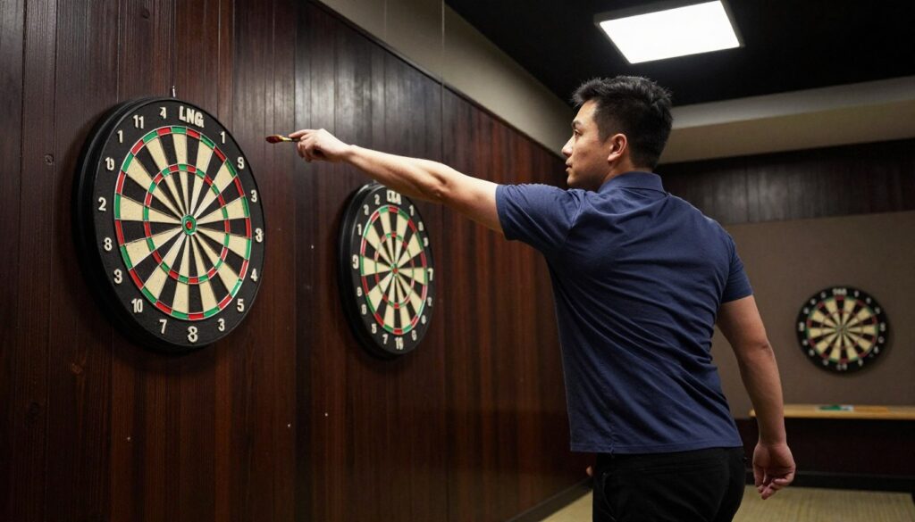 Advanced dart throwing techniques are showcased in a focused training environment. In the foreground, a skilled professional wearing a smart, casual outfit stands poised to throw, with one hand gripping a dart and the other holding a dartboard at an angle, demonstrating proper technique. The middle ground features a detailed dartboard with vibrant colors, highlighting scoring areas. In the background, a well-lit practice room with dark, rich wood walls and specialized lighting creates a professional atmosphere, emphasizing the precision required in advanced techniques. The image should have a dynamic angle, capturing the movement of the throw, while maintaining clarity in detail. The overall mood is intense yet focused, conveying the dedication needed to master dart accuracy. E MYTH is subtly highlighted in the environment without text overlays.