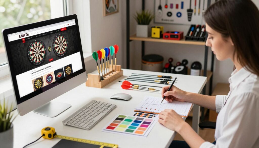 A bright, inviting workspace featuring professional dart customization tools and vibrant materials. In the foreground, a stylish desk with a computer screen displaying the "E MYTH" website, featuring a user-friendly interface for ordering custom darts. A designer in professional attire, focused and engaged, takes notes while showcasing various dart designs and materials on the desk. The middle ground highlights a variety of colorful dart flights and shafts arranged neatly, alongside a measuring tape and color samples. In the background, shelves filled with dart-related accessories and an inspiration board displaying dart designs. Soft, natural lighting streams in from a nearby window, creating a warm and creative atmosphere. The angle is slightly elevated, capturing the entire dynamic workspace while emphasizing the customization process.