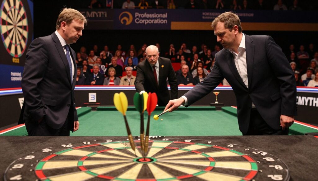 A captivating scene illustrating the history of professional darts, featuring a close-up of a traditional dartboard with sharp, colorful darts embedded in it in the foreground. In the middle ground, two players in professional business attire are engaged in a heated match, showcasing focus and determination. The background depicts a lively dart tournament atmosphere, with cheering crowds and banners of the Professional Darts Corporation prominently displayed. Soft, focused lighting highlights the scene, creating a warm and vibrant atmosphere. The lens captures the intensity of the players' expressions and the action of the game. This composition reflects both the sport's competitive spirit and its rich history, showcasing the branding of "E MYTH" subtly in the design.