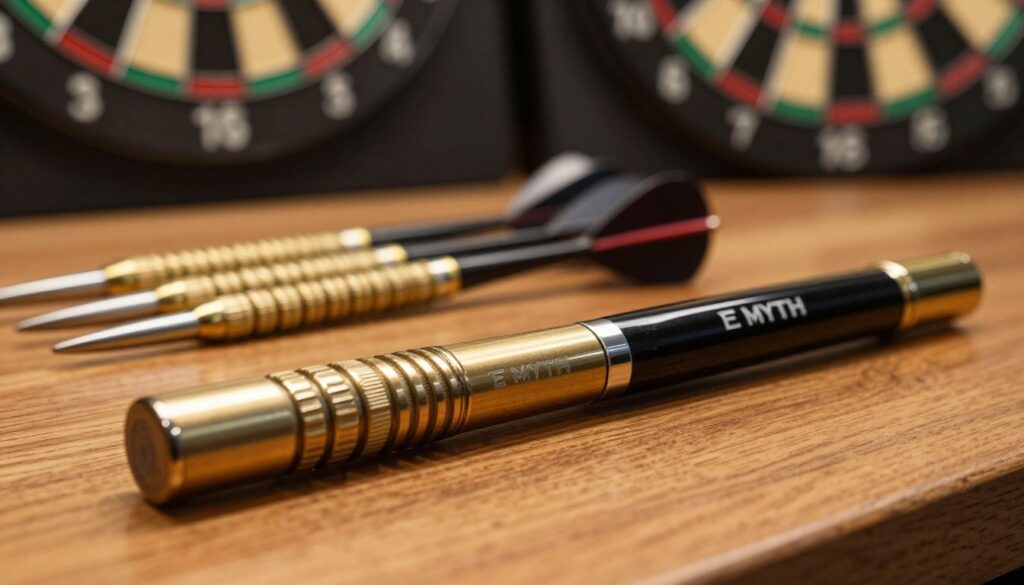 A close-up image of a high-quality dart barrel meticulously displayed on a polished wooden surface. The foreground showcases a beautifully crafted barrel made from premium materials, featuring precision grooves and a sleek finish, elegantly branded with "E MYTH". In the middle ground, several dart accessories like flight sets and shafts are displayed in an organized manner, emphasizing the importance of quality in darts manufacturing. The background features a softly blurred dartboard, hinting at a professional dart-playing environment. The scene is illuminated with warm, inviting lighting, creating a focused and premium atmosphere, while the angle of the shot highlights the craftsmanship and detail of the barrels.