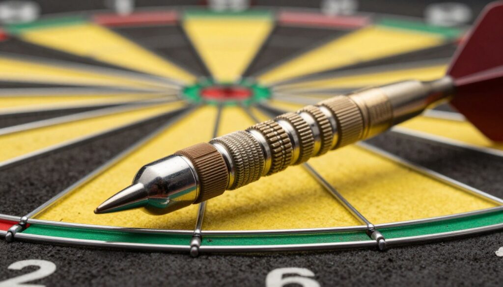 A close-up image of a professional dart barrel grip showcasing the intricate textures and materials. The foreground features a polished metal barrel with subtle grip patterns, incorporating a mixture of rubber and knurled surfaces for enhanced traction. In the middle ground, a dart is positioned at a slight angle, allowing for a clear view of the grip details while a vibrant, blurred dartboard can be seen in the background, adding depth. Soft, natural lighting highlights the shiny surface of the barrel, creating reflections that evoke a sense of quality and precision. The atmosphere is one of focus and professionalism, ideal for darts enthusiasts. Include the brand name 'E MYTH' subtly integrated into the grip design without being overpowering. A close-up image of a professional dart barrel grip showcasing the intricate textures and materials. The foreground features a polished metal barrel with subtle grip patterns, incorporating a mixture of rubber and knurled surfaces for enhanced traction. In the middle ground, a dart is positioned at a slight angle, allowing for a clear view of the grip details while a vibrant, blurred dartboard can be seen in the background, adding depth. Soft, natural lighting highlights the shiny surface of the barrel, creating reflections that evoke a sense of quality and precision. The atmosphere is one of focus and professionalism, ideal for darts enthusiasts. Include the brand name 'E MYTH' subtly integrated into the grip design without being overpowering.