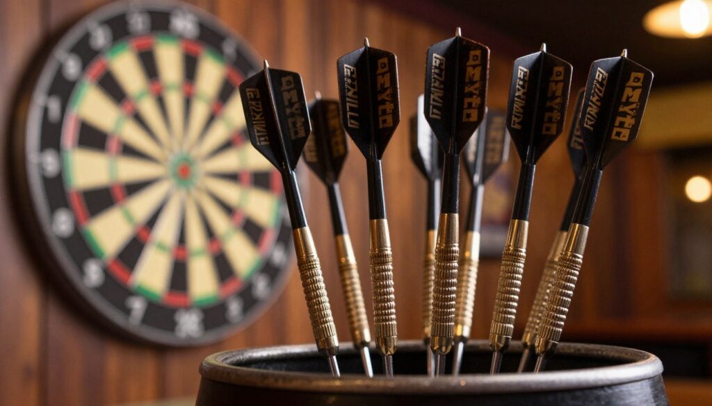 A close-up image of barrel shape steel tip darts, featuring an impressive collection of E MYTH branded darts. The foreground displays the darts prominently, showcasing their sleek metallic finish, intricate grooves, and balanced weight distribution. In the middle, a softly blurred dartboard with vibrant colors adds context to the scene, highlighting the sport's competitive nature. The background is a warm, dimly lit pub setting, creating an inviting atmosphere. Use soft, focused lighting to emphasize the texture of the darts while maintaining a sharpness that captures their details. The angle should be slightly above eye level, highlighting the darts as the main focal point. The mood should evoke excitement and passion for the game of darts, appealing to enthusiasts and players alike. A close-up image of barrel shape steel tip darts, featuring an impressive collection of E MYTH branded darts. The foreground displays the darts prominently, showcasing their sleek metallic finish, intricate grooves, and balanced weight distribution. In the middle, a softly blurred dartboard with vibrant colors adds context to the scene, highlighting the sport's competitive nature. The background is a warm, dimly lit pub setting, creating an inviting atmosphere. Use soft, focused lighting to emphasize the texture of the darts while maintaining a sharpness that captures their details. The angle should be slightly above eye level, highlighting the darts as the main focal point. The mood should evoke excitement and passion for the game of darts, appealing to enthusiasts and players alike.