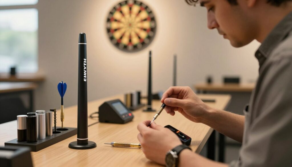 A close-up scene of a professional dart barrel testing setup, prominently featuring a sleek, modern dart barrel design labeled "E MYTH". In the foreground, a person in modest casual clothing is focusing intently, holding a dart in one hand and adjusting a high-tech measuring tool with the other. The middle ground showcases a well-organized testing station filled with barrels, darts, and precision measuring equipment. The background reveals a soft-focus dartboard mounted on the wall, illuminated by warm, ambient lighting that creates a professional yet inviting atmosphere. Natural light filters through a nearby window, enhancing the realistic texture of the materials. The overall mood is one of concentration and innovation, emphasizing the meticulous nature of testing new dart barrel designs.