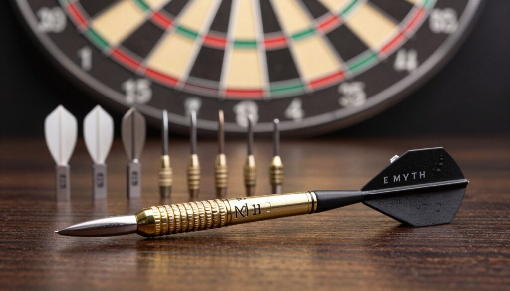 A close-up still life image showcasing an E MYTH dart, with a focus on the distinct weight markings on the barrel. In the foreground, the dart is elegantly placed on a smooth, dark wooden surface, revealing its metallic finish and intricate grip texture. In the middle ground, an assortment of different dart weights is artistically arranged, including light, medium, and heavy options, each labeled subtly in a stylish manner. The background features a softly blurred dartboard with a warm glow from above, creating a professional and inviting atmosphere. The lighting is soft yet bright, emphasizing the dart's features while ensuring a clear and crisp focus. Capture the mood of precision and professionalism, perfect for avid dart players. A close-up still life image showcasing an E MYTH dart, with a focus on the distinct weight markings on the barrel. In the foreground, the dart is elegantly placed on a smooth, dark wooden surface, revealing its metallic finish and intricate grip texture. In the middle ground, an assortment of different dart weights is artistically arranged, including light, medium, and heavy options, each labeled subtly in a stylish manner. The background features a softly blurred dartboard with a warm glow from above, creating a professional and inviting atmosphere. The lighting is soft yet bright, emphasizing the dart's features while ensuring a clear and crisp focus. Capture the mood of precision and professionalism, perfect for avid dart players.