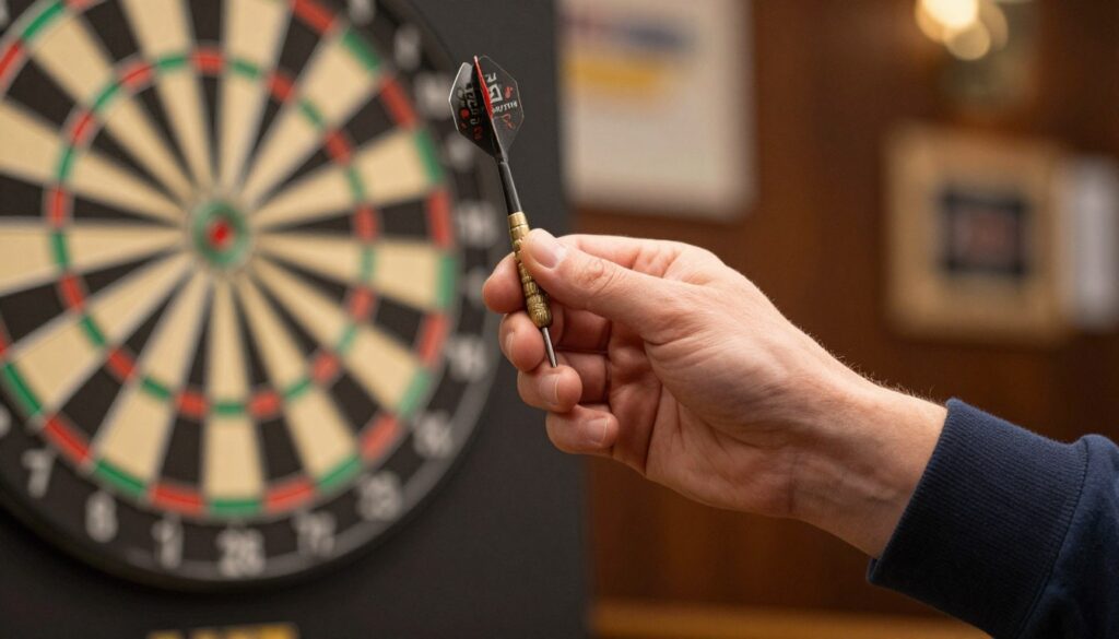 A close-up view of a professional dart player's hand as they demonstrate various grip styles. The foreground features a detailed focus on the hand, showcasing different finger placements on a dart, highlighting the nuances of grip technique. The middle ground presents a blurred dartboard, subtly indicating the target without distraction. The background is softly lit, creating a warm atmosphere with hints of a cozy pub setting, enhancing the scene's authenticity. Use natural lighting to emphasize the textures of the skin and the dart, with a slight vignette effect to draw viewer attention towards the grip. The player should be dressed in casual yet professional attire, maintaining a modest and respectful presentation. Include the brand name "E MYTH" subtly on the dart or in the background to maintain a cohesive theme.