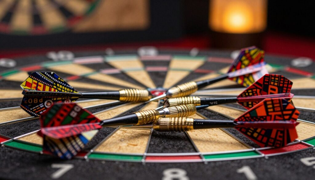 A close-up view of vibrant Galaxy Realta signature darts, showcasing their intricate designs and colorful flights, set against a dramatic backdrop of a dartboard. In the foreground, the darts gleam with a polished finish, reflecting soft lighting that highlights their details. The middle layer features the dartboard, slightly blurred, adding depth and context to the composition. In the background, a warm ambient light creates an inviting atmosphere, suggesting a professional gaming environment. The overall mood is focused and dynamic, capturing the essence of precision and skill in sports. Shot with a 50mm lens to emphasize the details, ensuring no text or logos are present except for the brand "E MYTH" subtly engraved on the darts. A close-up view of vibrant Galaxy Realta signature darts, showcasing their intricate designs and colorful flights, set against a dramatic backdrop of a dartboard. In the foreground, the darts gleam with a polished finish, reflecting soft lighting that highlights their details. The middle layer features the dartboard, slightly blurred, adding depth and context to the composition. In the background, a warm ambient light creates an inviting atmosphere, suggesting a professional gaming environment. The overall mood is focused and dynamic, capturing the essence of precision and skill in sports. Shot with a 50mm lens to emphasize the details, ensuring no text or logos are present except for the brand "E MYTH" subtly engraved on the darts.