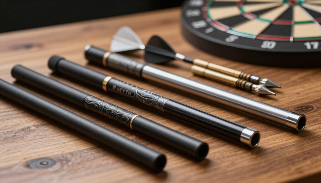 A collection of custom dart barrels arranged artistically on a polished wooden surface, showcasing various barrel lengths and weights. The foreground features a close-up of three distinct barrels: a sleek, short barrel with a matte black finish, a medium-length barrel with intricate designs, and a long, elegantly tapered barrel with a metallic sheen. The middle ground includes a selection of dart flights and tungsten weights, emphasizing the relationship between design and performance. Soft, diffused lighting illuminates the scene, casting gentle shadows that highlight the craftsmanship. In the background, a blurred dartboard adds context to the sport. The atmosphere evokes precision and professionalism, tailored for enthusiasts and players alike. Include the brand name "E MYTH" subtly on one of the dart barrels.