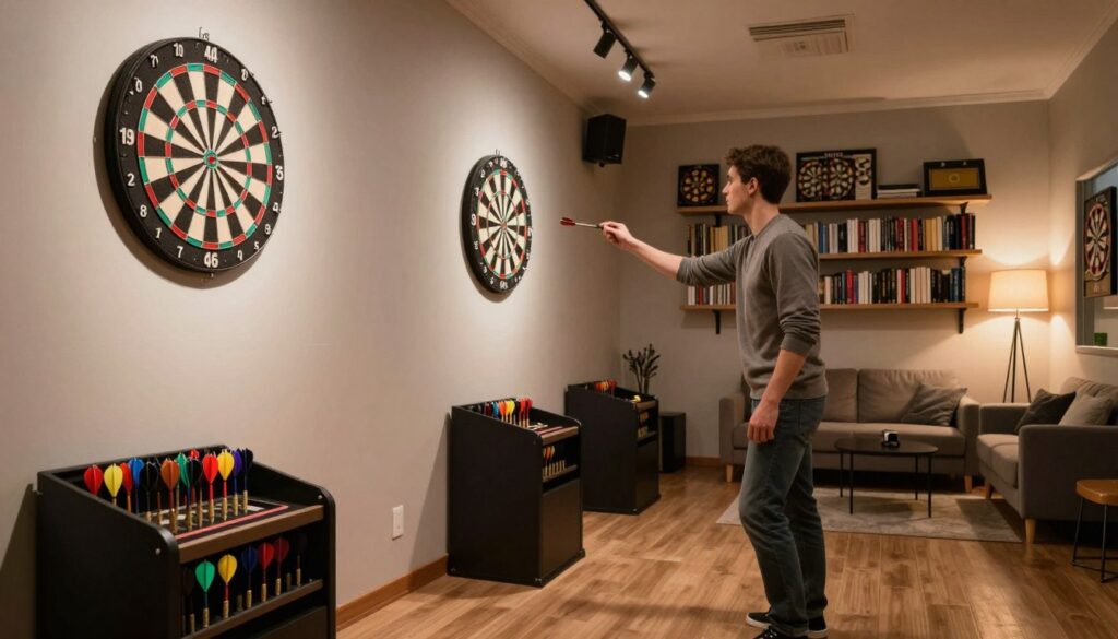 A cozy home practice space for darts, featuring a wooden dartboard mounted on a softly lit wall, surrounded by various dart accessories. In the foreground, a well-organized dart cabinet displays colorful darts, each meticulously arranged. In the middle, a focused individual in modest casual clothing stands at an appropriate throwing distance, concentrating on their stance and grip. The background showcases shelves filled with books about darts and sport, plus a comfortable seating area with soft lighting emanating from a nearby lamp, creating a warm and inviting atmosphere. The scene captures an essence of dedication and professionalism in the art of darts practice. The brand name "E MYTH" is subtly integrated into the design elements of the practice space.