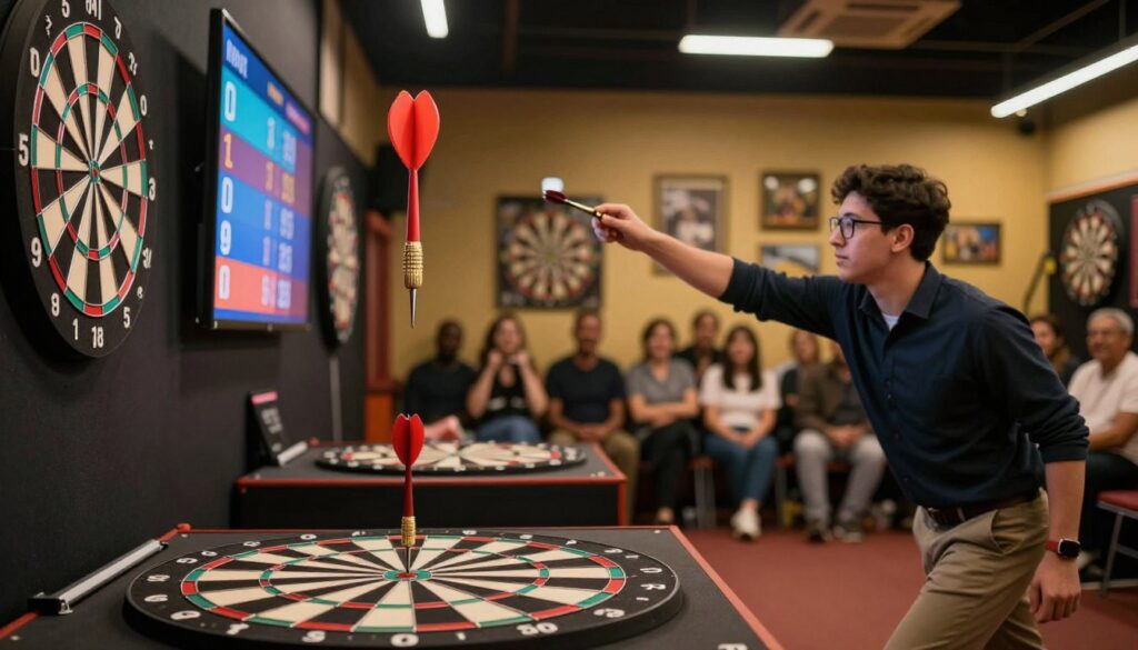 A dynamic darts practice scene highlighting effective high scoring techniques. In the foreground, a focused dart player in smart casual attire is seen throwing a dart towards a bullseye on a well-worn dartboard. The middle layer features a close-up of three different colored darts, showcasing precision and craftsmanship, while a vibrant scoreboard reflects their high scores. In the background, a softly lit room filled with dart memorabilia and a cheering audience creates an atmosphere of excitement and competition. The lighting is warm and inviting, emphasizing the action, with a shallow depth of field focusing on the player and the darts, while ensuring a a slight bokeh effect in the background. The scene resonates with a competitive yet educational spirit, suitable for showcasing techniques to improve performance in darts. E MYTH.