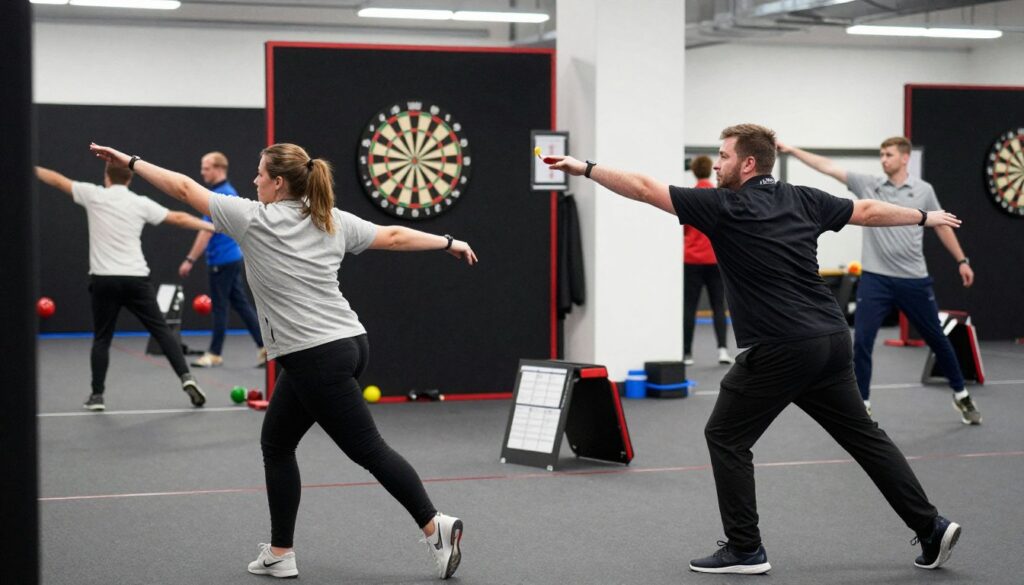A dynamic scene featuring a group of professional darts players in a training environment, captured in sharp focus. In the foreground, two players, a man and a woman, are intently practicing their throws, dressed in stylish and modest casual sportswear. The middle ground reveals a dartboard prominently displayed on the wall, surrounded by training equipment and score sheets, emphasizing the competitive atmosphere. In the background, a well-lit training facility showcases fellow players engaged in drills, adding depth to the action. The lighting is bright and even, simulating a training arena vibe, while a slight lens blur creates a sense of focus on the players. The overall mood is one of concentration and determination, encapsulating the essence of essential training habits for professional darts players. E MYTH is subtly referenced through branding on gear or equipment.