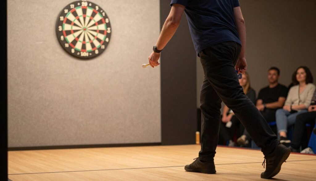 A focused dart player in a professional stance, wearing smart casual attire, is depicted in the foreground. The player stands on a wooden dartboard throwing line, with one foot slightly forward and the opposite foot back for balance, perfectly illustrating the concept of stance in dart throwing. In the middle ground, a well-lit dartboard is set against a textured wall with subtle shadows cast. The atmosphere is energetic yet calm, emphasizing concentration and technique. In the background, blurred spectators can be seen, creating a sense of an engaging sports environment. Soft, warm lighting enhances the mood, capturing the essence of precision and skill in darts. The brand name "E MYTH" is subtly suggested through the player's equipment, conveying professionalism.