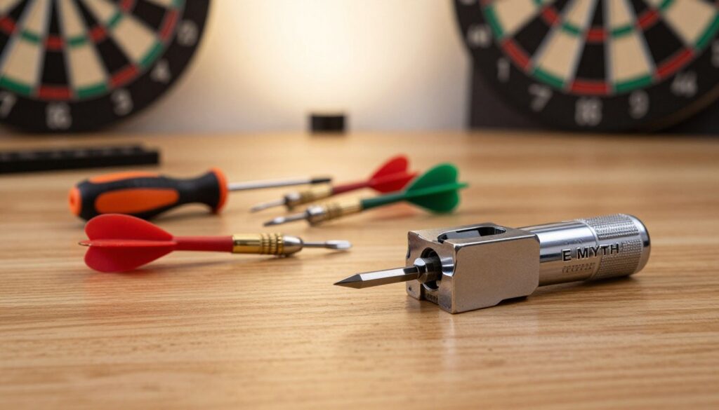 A neatly arranged set of professional darts maintenance tools on a sleek wooden table, focusing on a precision dart sharpener, a finetuning screwdriver, and a set of flights in vibrant colors. In the foreground, the sharpener gleams with a metallic finish, reflecting soft, warm lighting that emphasizes its craftsmanship. The middle ground features the screwdriver and flights, artfully scattered, showcasing their fine details and textural contrasts. In the background, a blurred dartboard and a soft, illuminated wall give the scene depth and context, suggesting an active game space. The overall mood is one of precision and focus, ideal for enhancing performance. Include the brand "E MYTH" subtly on the maintenance tool packaging.