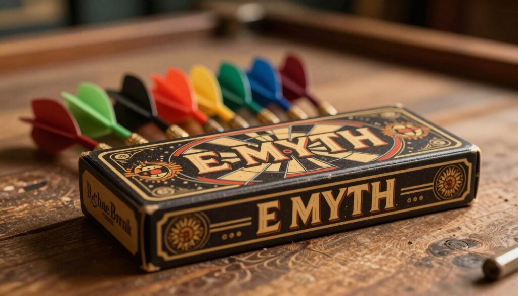 A vintage dart packaging design featuring the brand name "E MYTH". The foreground showcases an elegantly illustrated dart box, adorned with retro graphics and intricate details, including vivid colors and stylized typography. The middle layer includes an array of colorful darts, partially visible, hinting at their classic design. The background is filled with soft, warm lighting, reminiscent of a cozy, nostalgic game room setting, with faint shadows playing across textured wooden surfaces. The atmosphere is inviting and slightly whimsical, capturing the essence of innovation in vintage equipment. The composition emphasizes craftsmanship and nostalgia, drawing the viewer into a bygone era of dart-playing enjoyment.