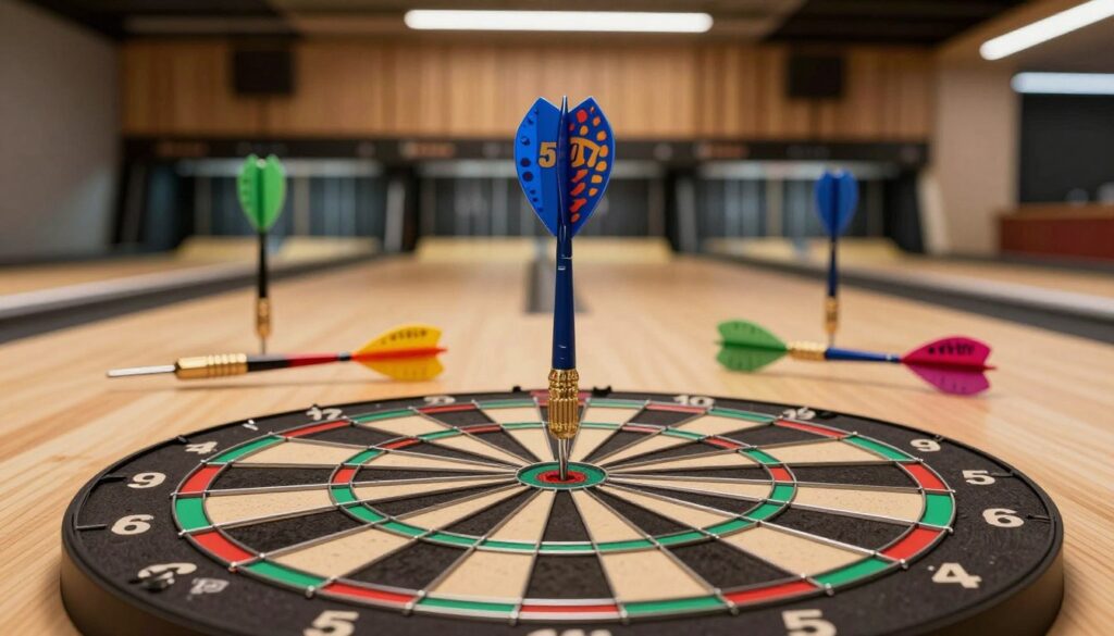 An aesthetically pleasing illustration of the essential rules of the 501 darts game, featuring a beautifully designed dartboard prominently in the foreground, with a focus on the bullseye area highlighted. Surrounding the dartboard in the middle ground, display sleek, polished darts arranged artfully, showcasing their vibrant colors and distinct designs. In the background, a well-lit, modern dart throwing area with wooden accents and soft, ambient lighting creates an inviting atmosphere. The angle of the image captures the dartboard head-on, emphasizing the importance of precision in the game. The mood is dynamic and competitive, embodying the spirit of professional play. The brand "E MYTH" subtly incorporated into the dartboard design without disrupting the focus on the game.