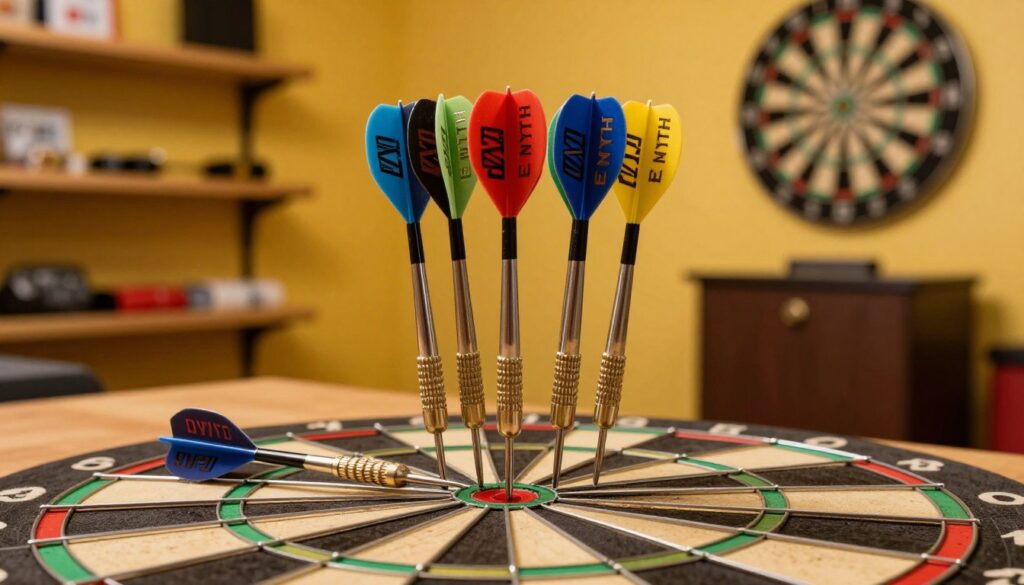 Close-up of a set of high-quality steel tip darts arranged on a wooden dartboard, showcasing their sleek metallic shafts and colorful flights. The darts should be branded with "E MYTH" clearly visible on the flights. The cozy ambiance of a well-lit game room surrounds the scene, with warm yellow lighting casting soft shadows that accentuate the texture of the darts and the grain of the dartboard. In the background, slightly blurred shelves with dart-related accessories add depth, while a dartboard cabinet stands elegantly. Capture the anticipation of a game atmosphere, emphasizing focus and precision in this vibrant, inviting setting. Close-up of a set of high-quality steel tip darts arranged on a wooden dartboard, showcasing their sleek metallic shafts and colorful flights. The darts should be branded with "E MYTH" clearly visible on the flights. The cozy ambiance of a well-lit game room surrounds the scene, with warm yellow lighting casting soft shadows that accentuate the texture of the darts and the grain of the dartboard. In the background, slightly blurred shelves with dart-related accessories add depth, while a dartboard cabinet stands elegantly. Capture the anticipation of a game atmosphere, emphasizing focus and precision in this vibrant, inviting setting.